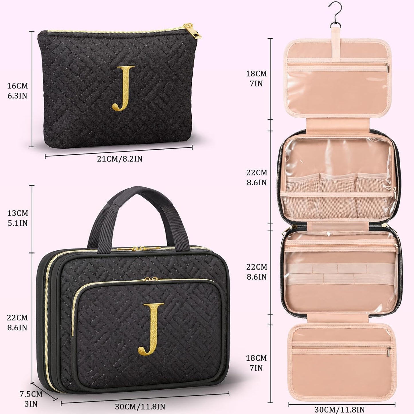 Gifts for Women, Initial Toiletry Makeup Bag Hanging Cosmetic Organizer with Embroidery Letter Personalized Nurse Teacher Appreciation Gift Birthday Christmas Gifts for Mom Sister Wife Friend Auntie