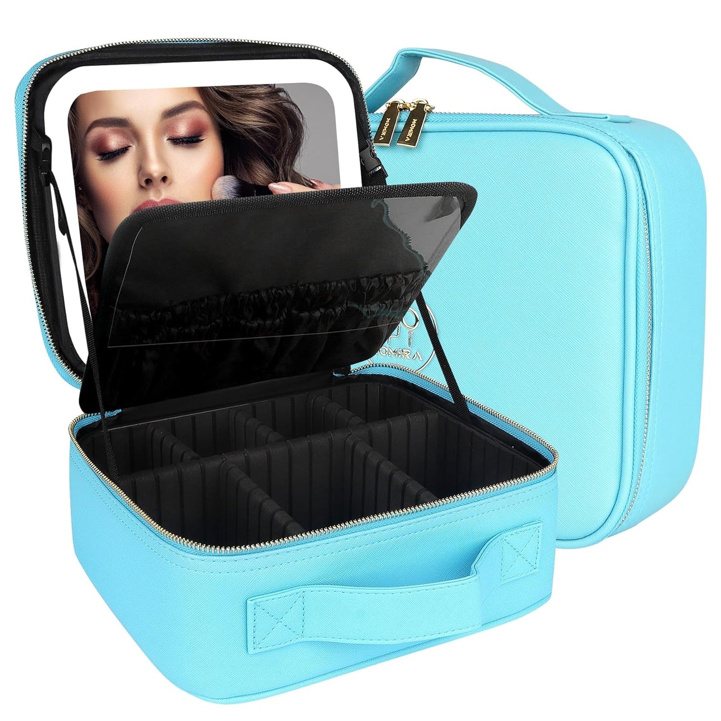 MOMIRA Travel Makeup Bag Cosmetic Bag Makeup Organizer Bag with Lighted Mirror, Adjustable Brightness in 3 Color Scenarios, Waterproof Makeup Train Case, Gift for Women - Diamond Blue