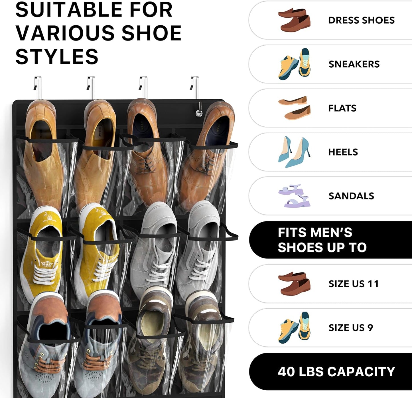 Simple Houseware 24 Pockets Large Clear Pockets Over The Door Hanging Shoe Organizer, Black (56" x 22.5")