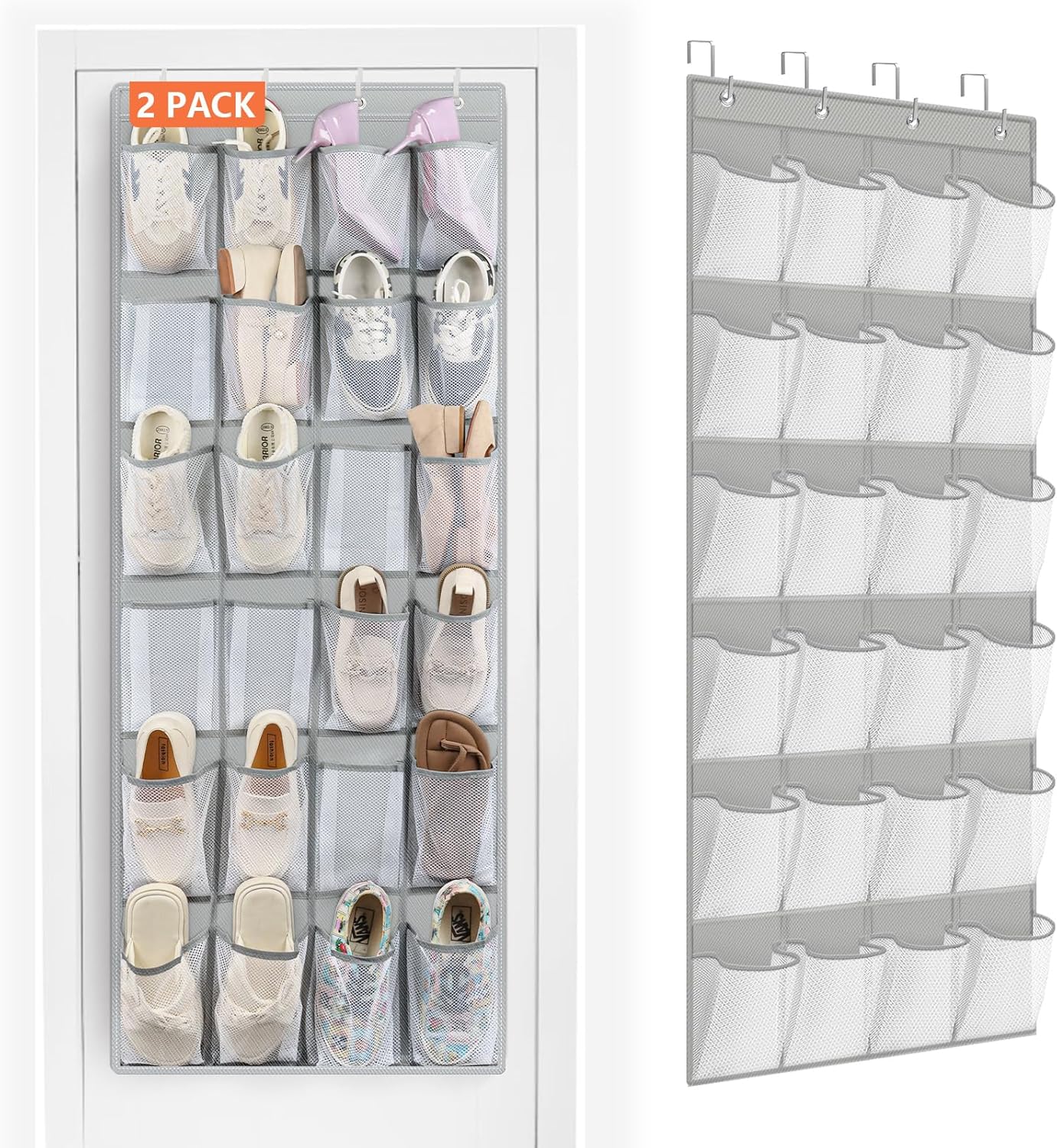 FENTEC 2 Pack Over the Door Shoe Organizer Hanging Shoe Organizer for Closet, Space Saving Mesh Large Pocket Shoe Storage and Organizer with 24 Packets, Shoe Holder for Apartments Garages, Gray