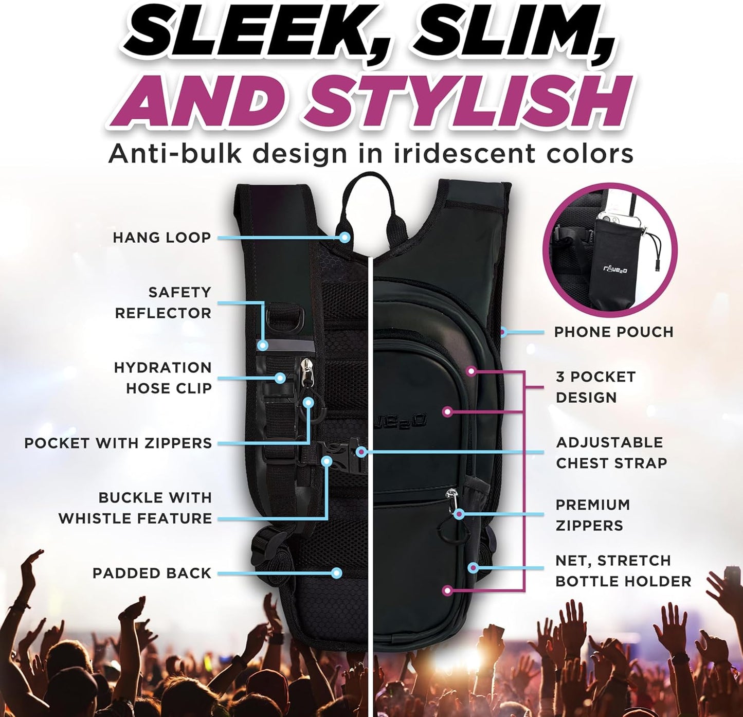 Rave Hydration Backpack – Anti-Theft Festival Hydration Pack with 1.5L Leakproof TPU Bladder – Slim, Insulated Water Pack with Secret Pockets & Breathable Back – for Raves, Music Festivals, EDC