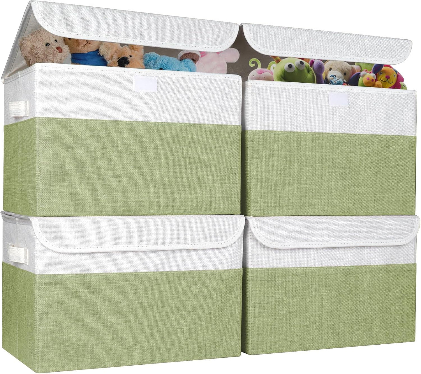 Large 22 Quart Linen Fabric Foldable Storage Bin Cube Organizer Basket with Flip-Top Lid & Handles, Clothes Blanket Box for Home, Office, Closet, Green & White, 4 Pack 14.6 x 9.5 x 9.5
