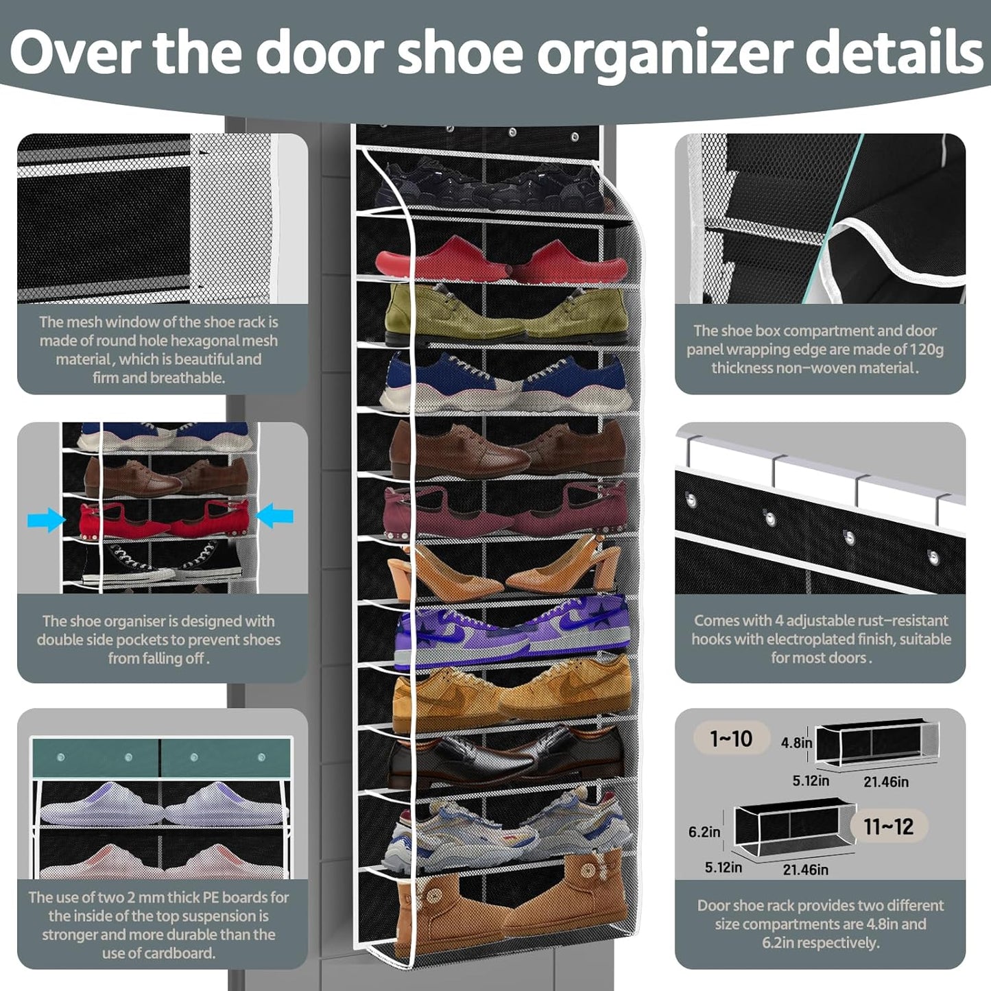 12 Pocket Over the Door Shoe Organizer,Reusable Breathable Large Mesh Bag Men's & Women's Sneaker Organizer,Shoe Organizer for Kids,Hanging Shoe Storage Hanging Bag (Black)