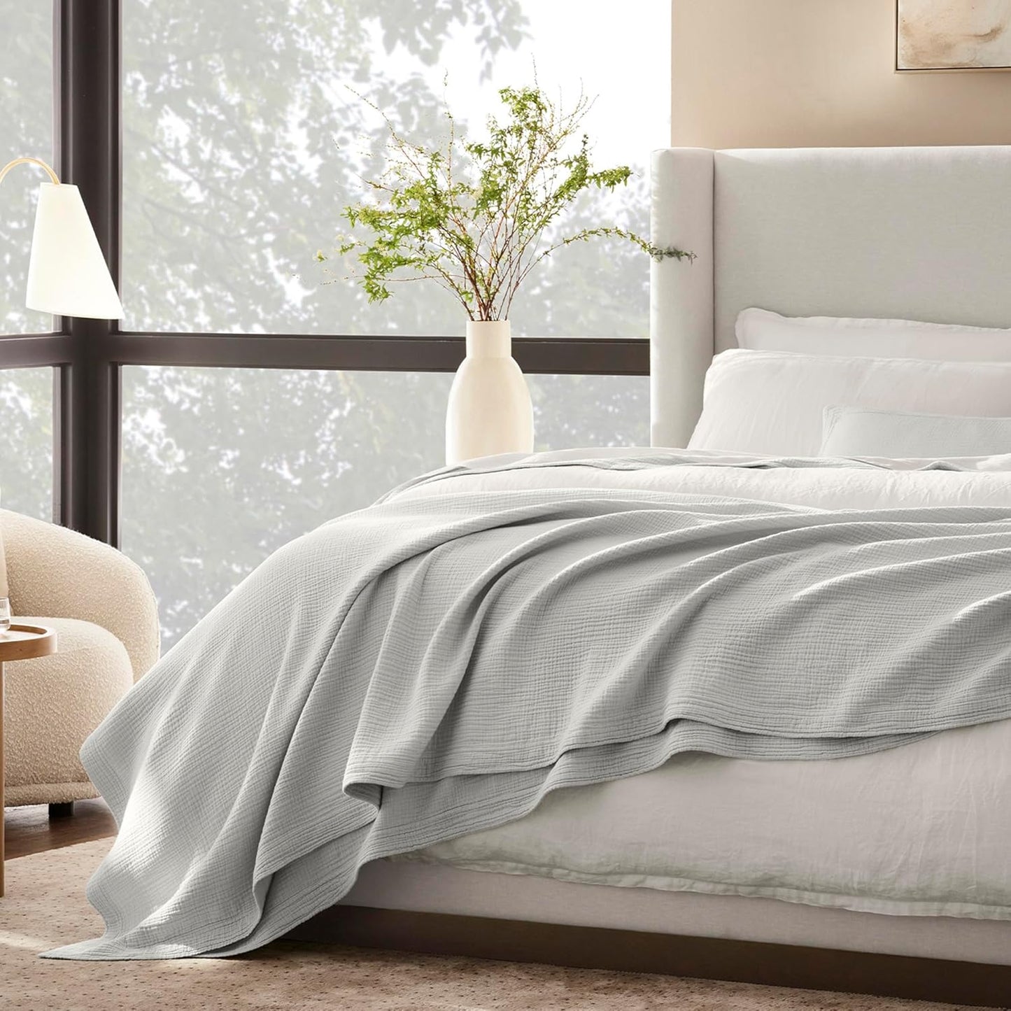 BOLL & BRANCH Dream Bed Blanket - King/Cal King, Mist - Luxury 100% Organic Cotton - Soft, Lightweight and Breathable - Cloud-Like Touch