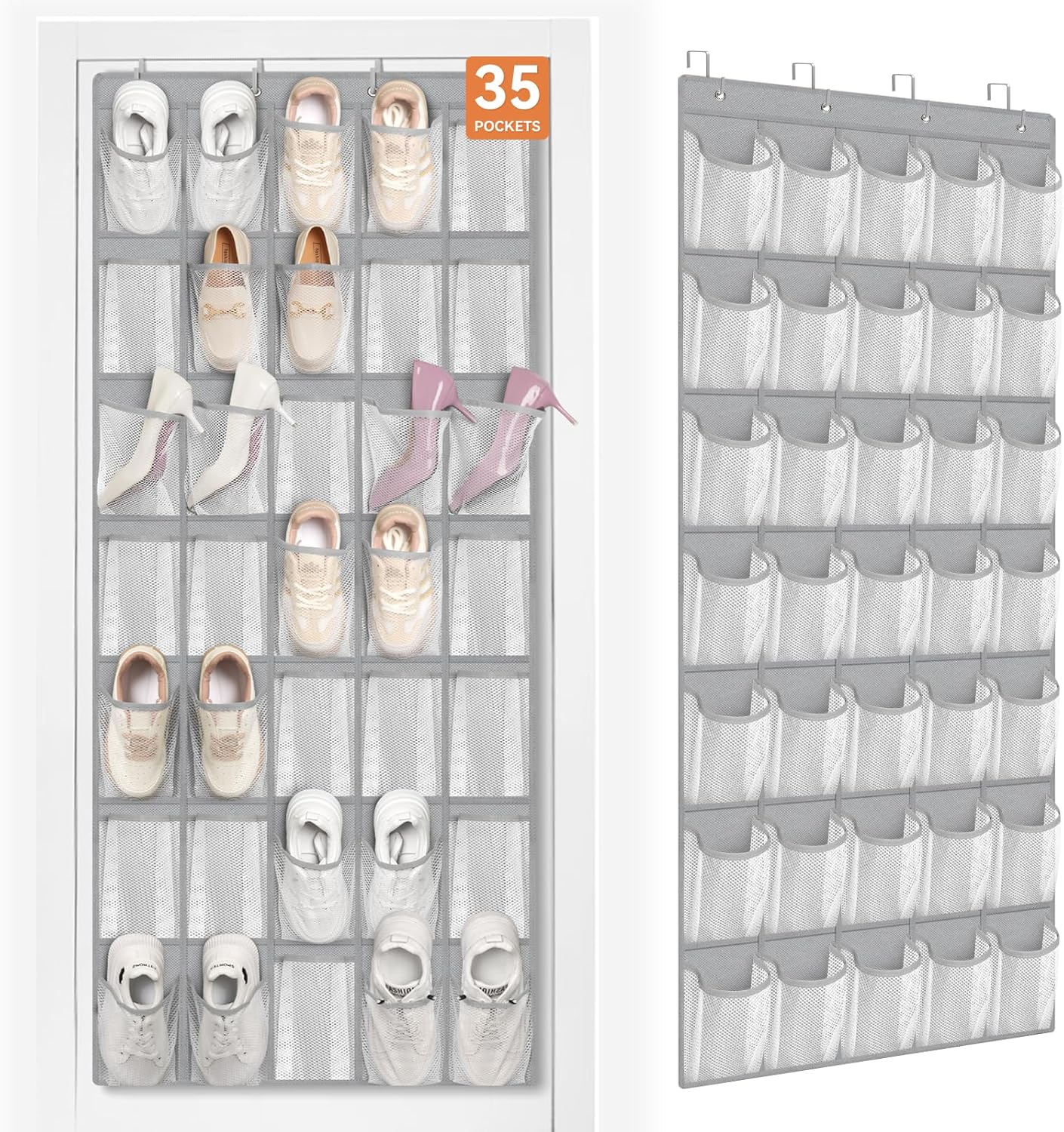 FENTEC 35 Large Pockets Over The Door Shoe Organizer, Mesh Hanging Shoe Organizer Shoe Rack for Closet Mesh Closet Shoe Holder, Over Door Organizer, Shoe Organizer for Wall, Grey, 1 Pack