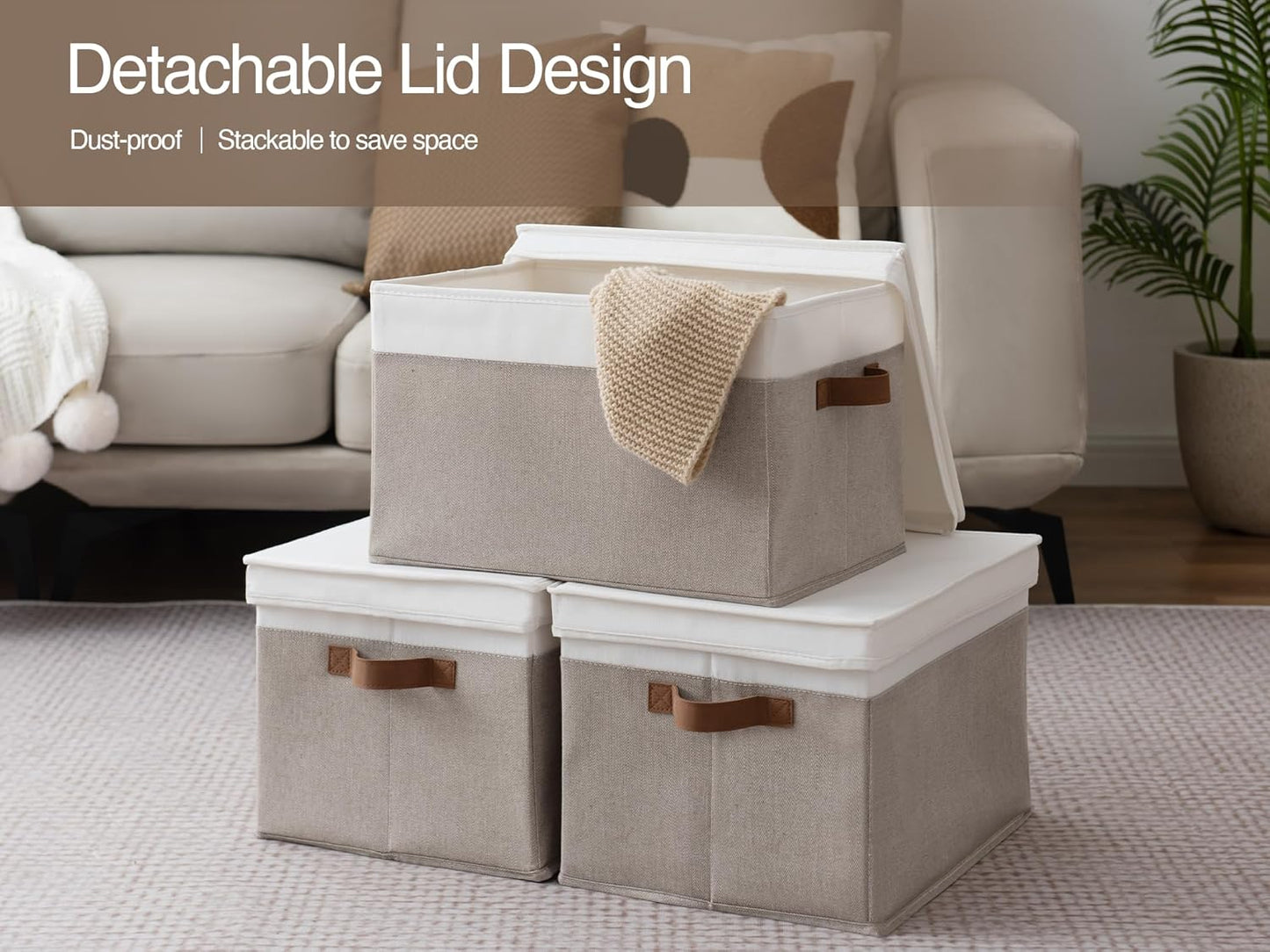 StorageWorks Storage Bins with Lids, Decorative Storage Boxes with Lid and PU Handles, Foldable Storage Baskets for Closet, Shelves, Stackable, Brown and White, Jumbo, 3-Pack
