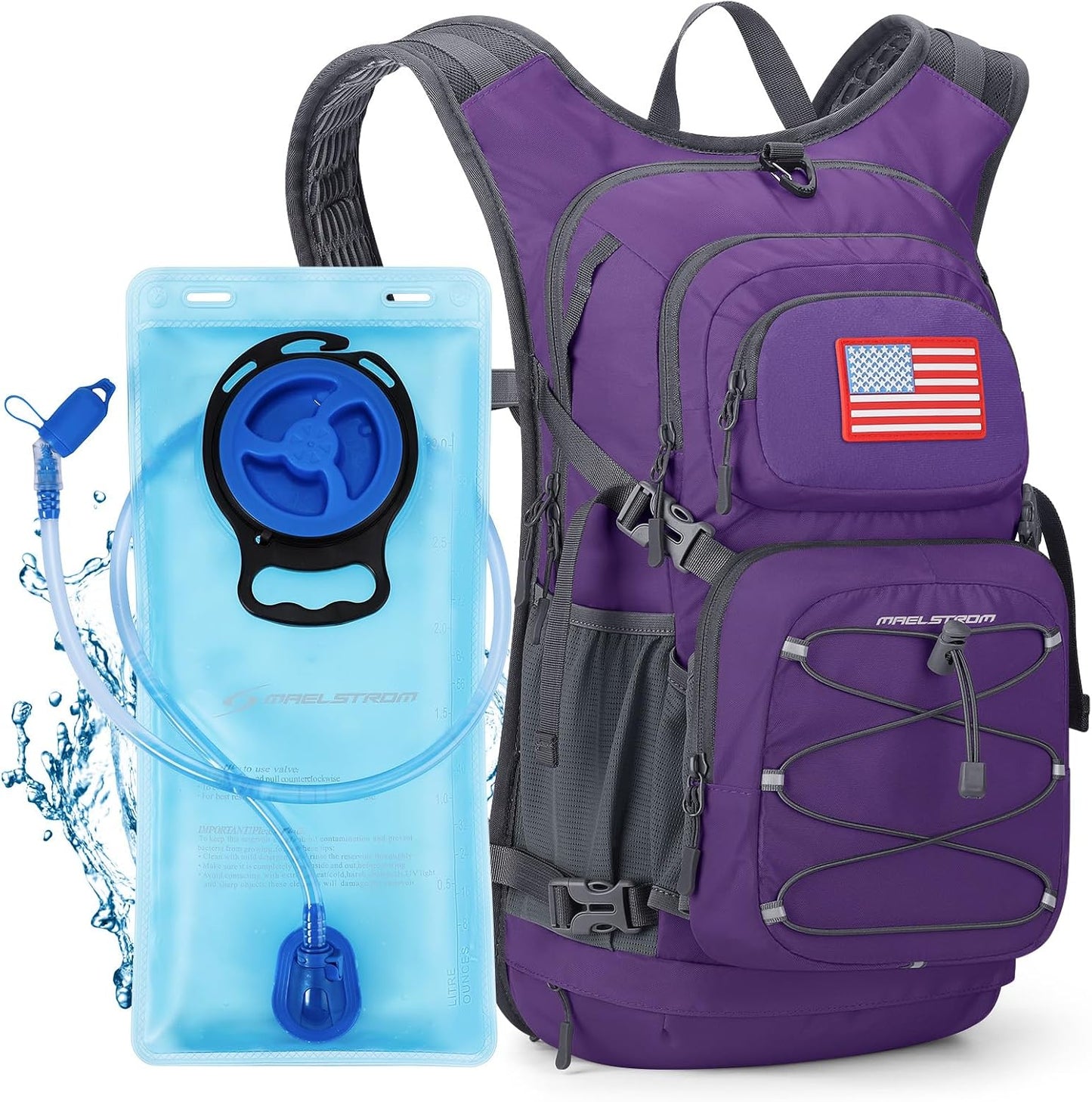 Maelstrom Hydration Hiking Backpack with 2L/3L Water Bladder, High Flow Bite Valve Camping Daypack Lightweight