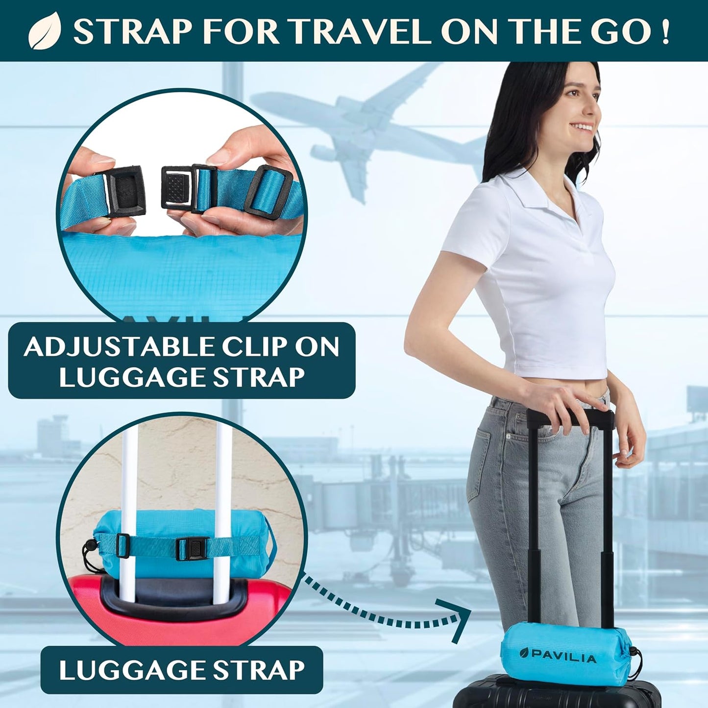 PAVILIA Travel Blanket Airplane Compact with Bag, Soft Packable Plane Blanket Kids Adults, Portable Camping Flight Essentials, Travelers Gifts Accessories, Luggage Backpack Strap, 65x40 Teal Blue