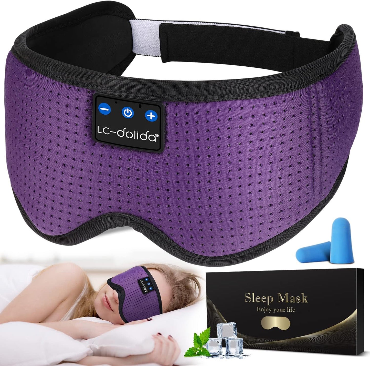 LC-dolida Sleep Headphones, Silk Sleep Mask Bluetooth Wireless Music Eye Mask, Sleeping Headphones for Side Sleepers Sleep Mask with Bluetooth Headphones Ultra-Thin Stereo Speaker Perfect for Sleeping