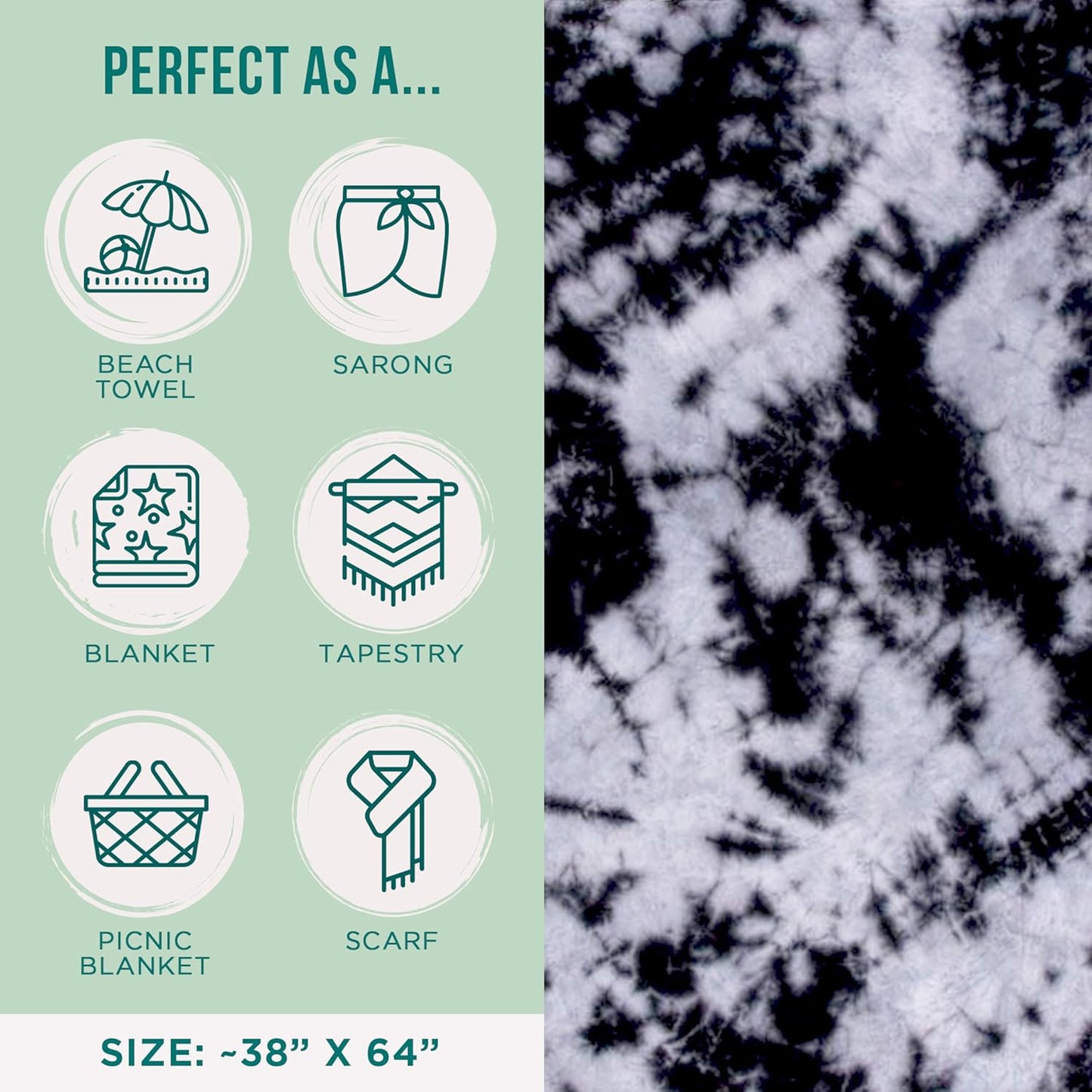 Sand Cloud Turkish Beach Towel - Sand Free - 100% Organic Turkish Cotton Yarn - Quick Dry Towel for Beach, Picnic Blanket or Throw - As Seen on Shark Tank - Tie Dye (Black Acid Wash)