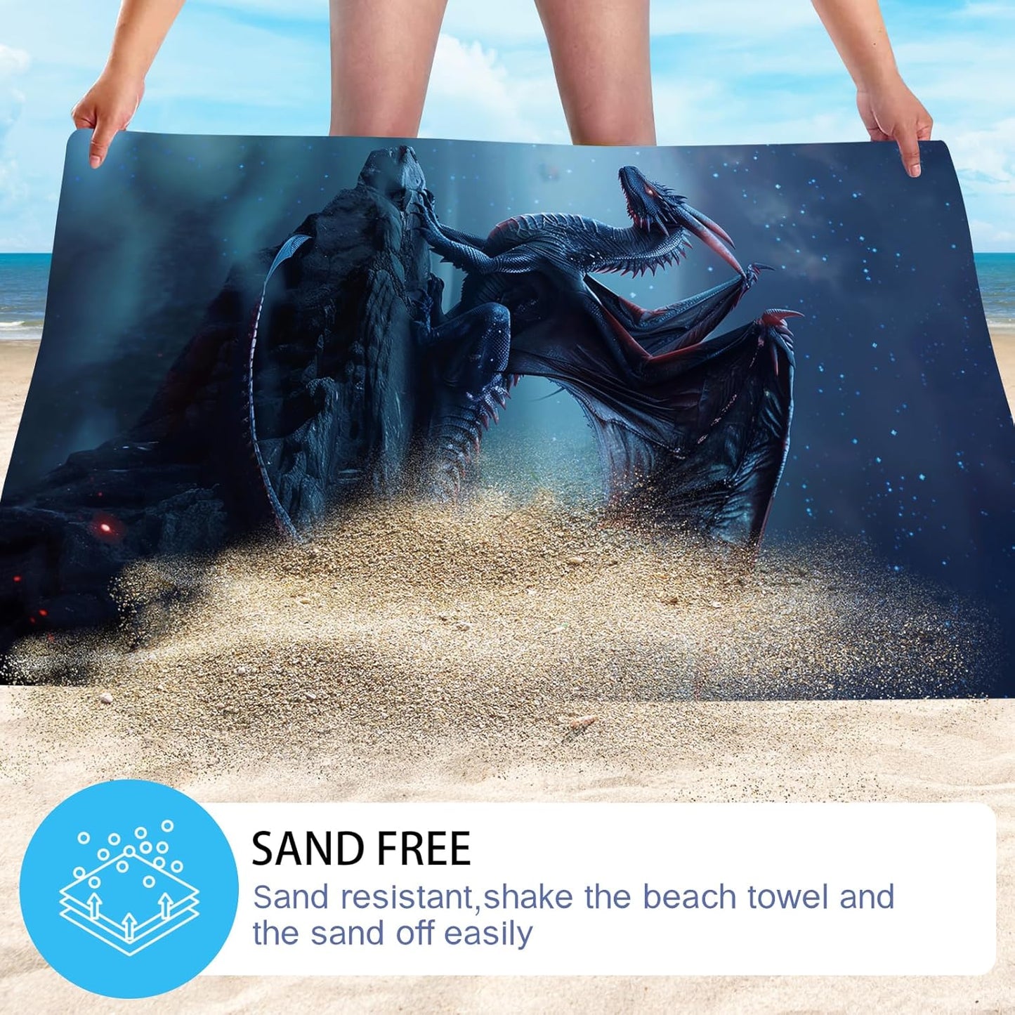 WZOMT Microfiber Dragons Beach Towel, Cool Funny Blue Dragons Standing on The Cliff Edge Bath Towels for Kids Boys Men, Quick Dry Sandproof Swim Pool Towel, Oversized 32x52 Inch