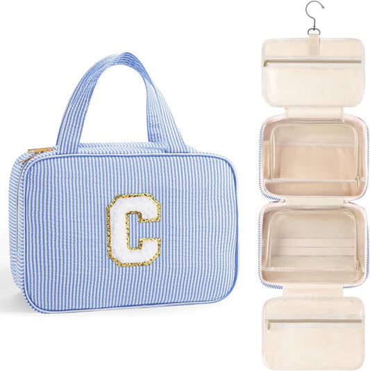 TOPEAST Hanging Toiletry Bag for Women - Travel Toiletry Bag Makeup Bag, Portable Toiletries Travel Bag and Cosmetic Bag, Airplane Travel Essentials - Letter C, Blue