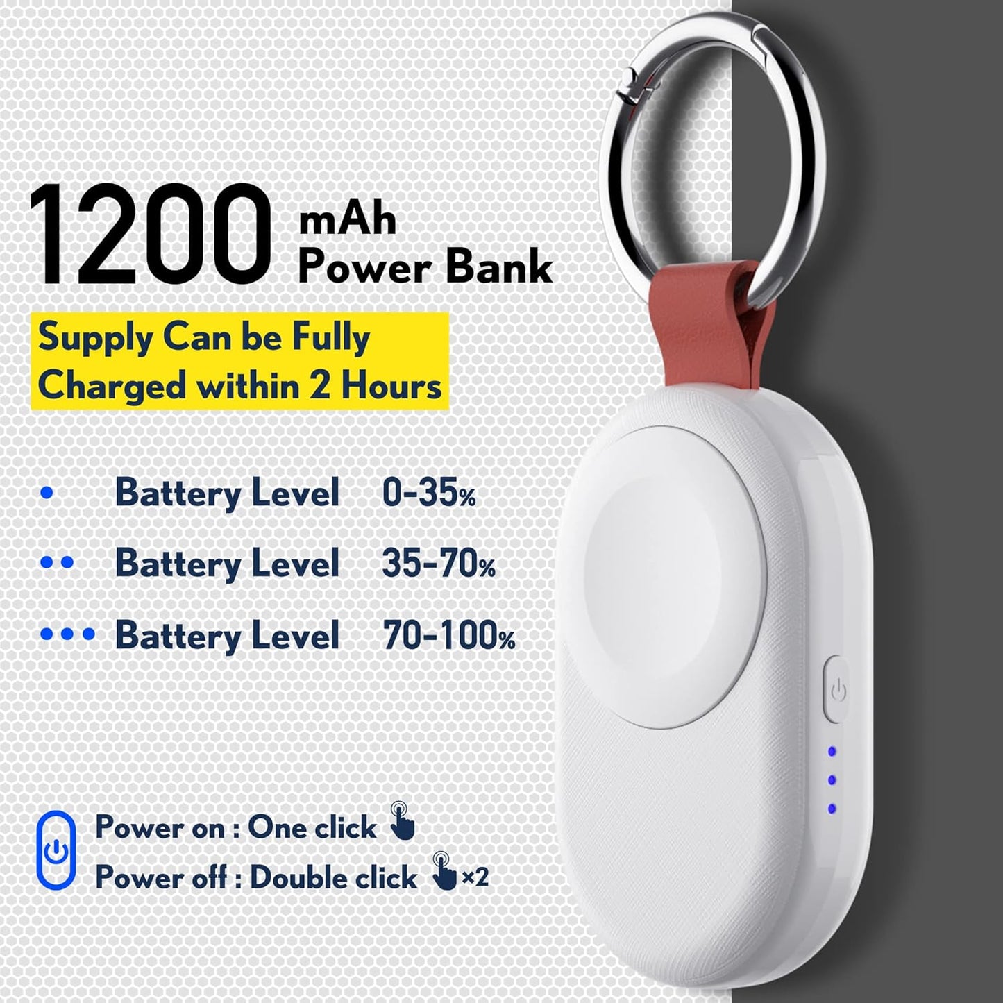 PZOZ Portable Apple Watch Wireless Travel Charger, 1200mAh Power Bank iWatch Fast Charging with Keychain Car, Adapter Compatible with Series Ultra 10 9 8 7 6 5 4 3 2 SE (White)