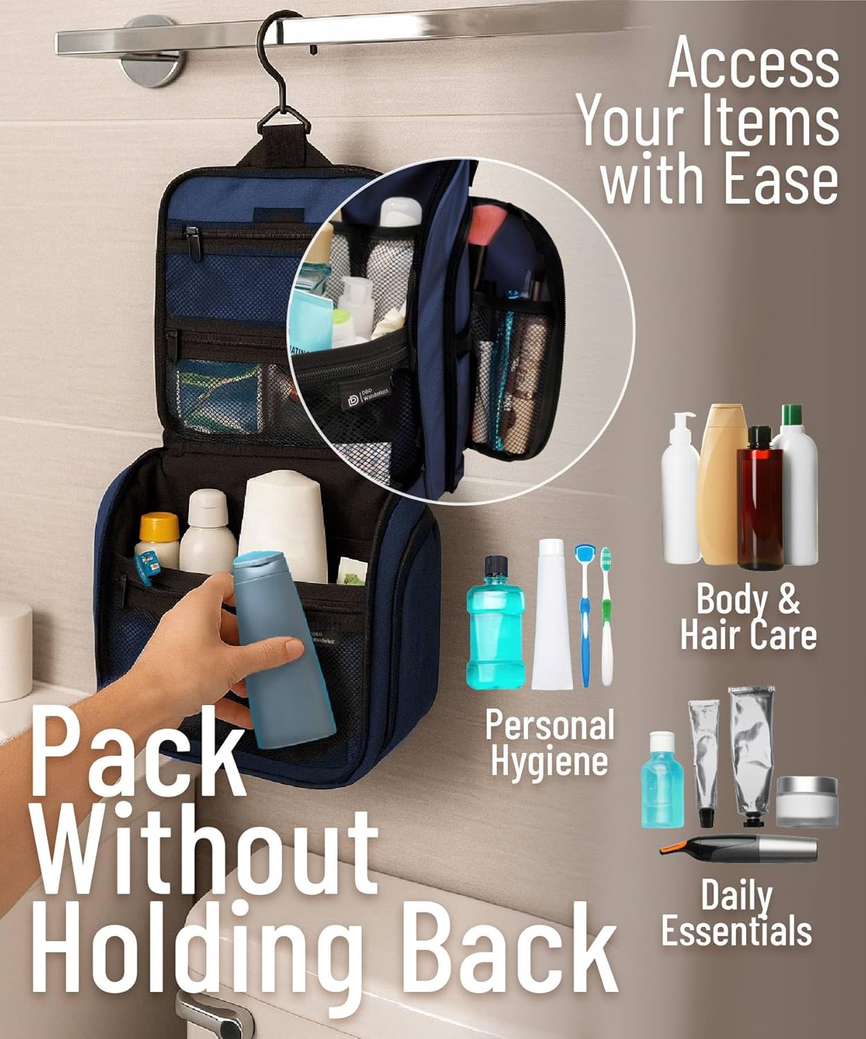 D&D Hanging Travel Toiletry Bag for Men and Women – Extra Large Hanging Shower Bag Toiletries Organizer Kit with 10 Compartments, Quality Zippers, XXL Metal Swivel Hook, Water-Resistant Nylon