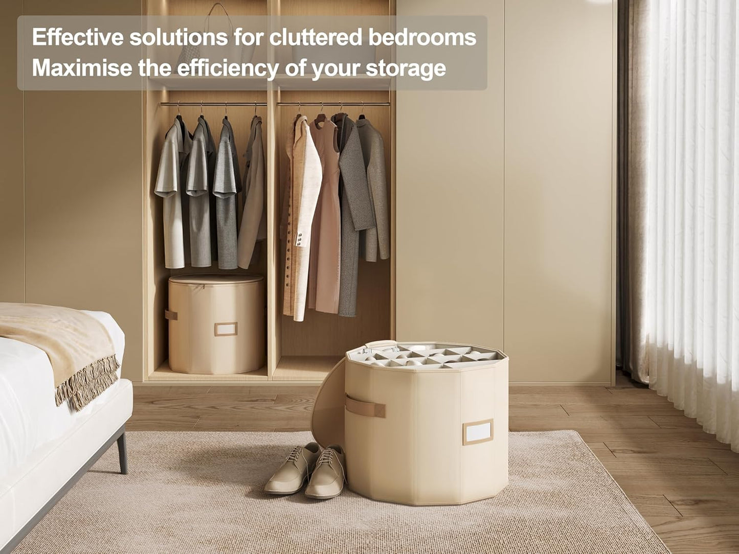 Vailando Shoe Organizer for Closet - Cylindrical Shoe Storage Organizer with Adjustable Dividers for Closet, Foldable Shoe Storage Box, Beige, 2-Pack, Large