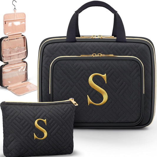 Gifts for Women, Initial Toiletry Makeup Bag Hanging Cosmetic Organizer with Embroidery Letter Personalized Nurse Teacher Appreciation Gift Birthday Christmas Gifts for Mom Sister Wife Friend Auntie