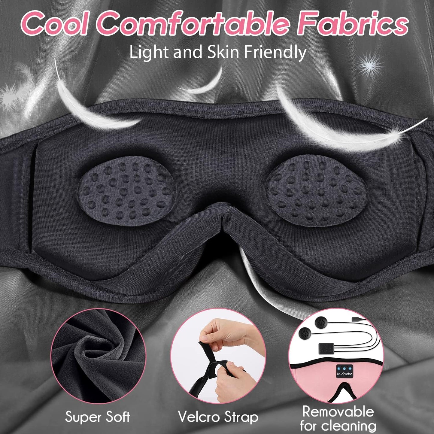 LC-dolida Sleep Headphones, Sleep Mask Bluetooth Wireless Music Eye Mask, Sleeping Headphones for Side Sleepers Sleep Mask with Bluetooth Headphones Ultra-Thin Stereo Speakers Perfect for Sleeping