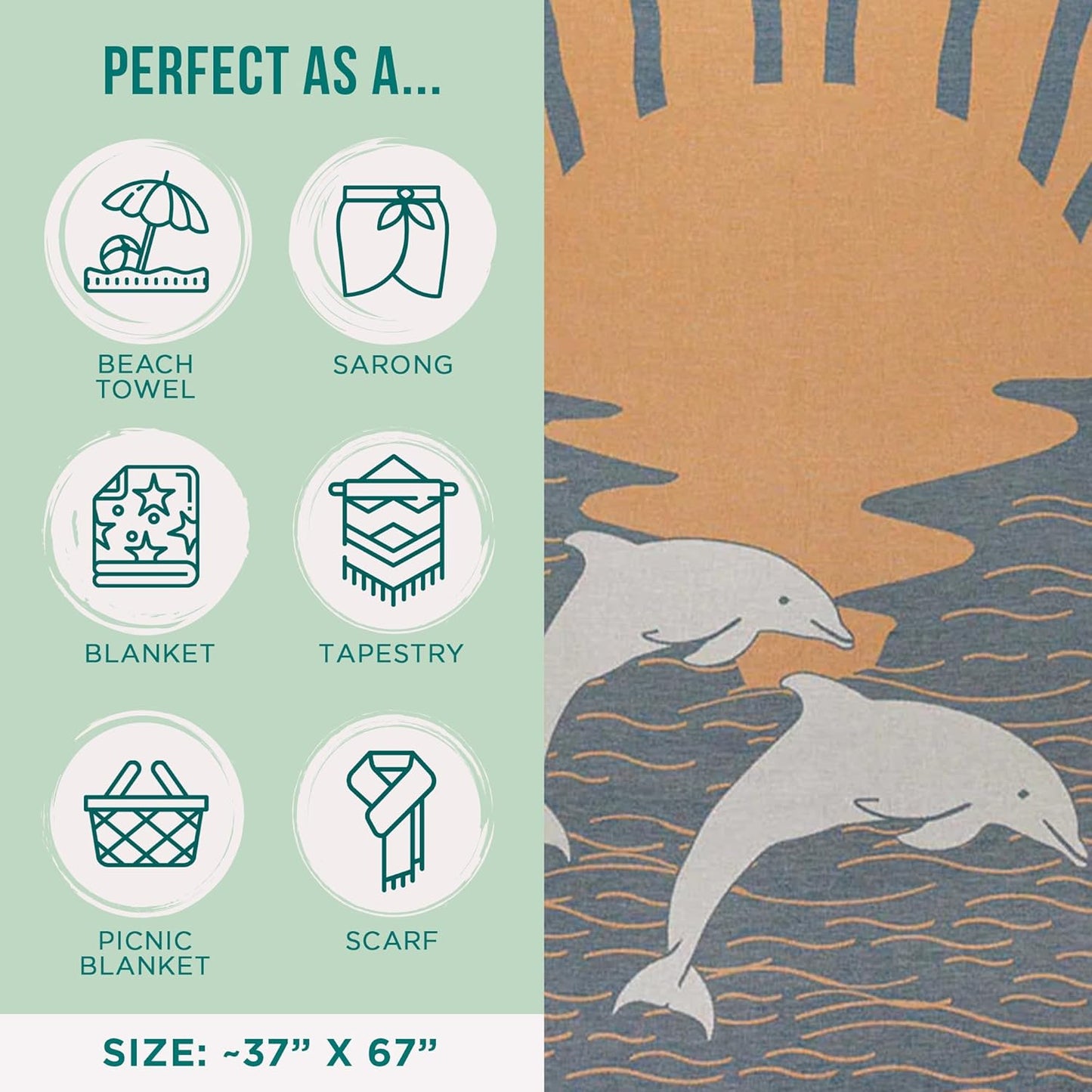 Sand Cloud Oversized Turkish Beach Towel (SoCal Dolphin) - 100% Certified Cotton Turkish Bath Towels - Sand Free & Quick Dry Large Beach Towel for Pool, Yoga, Picnic & Travel - As Seen on Shark Tank