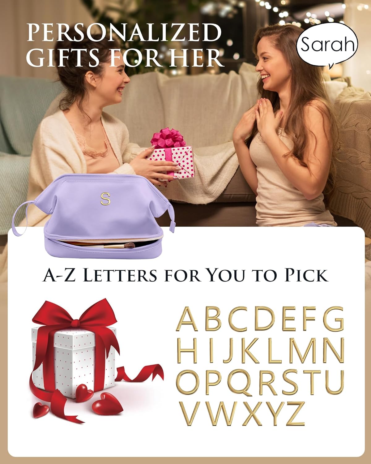 Initial Makeup Bags, Personalized Double Layer Cosmetic Bag with Makeup Brush Organizer, Grandma Birthday Gifts, Large Capacity PU Leather Toiletry Bag, Gifts for Women Girlfriend Friends