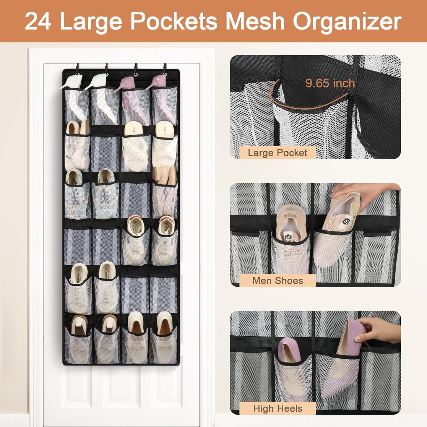 FENTEC 2 Pack Large Over The Door Shoe Organizer, 24 Pockets Mesh Hanging Shoe Organizers, Over Door Organizer, Black