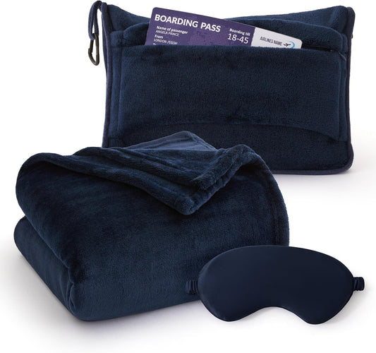 Bedsure Travel Blanket Airplane Compact with Storage Bag, Packable Blanket with Eye Mask, Lightweight 2-in-1 Travel Essentials, Functioned as Pillow for Airplane Comfort and Warmth, Navy