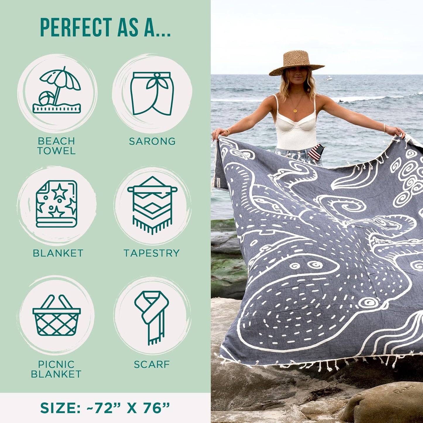 Sand Cloud Extra Large Turkish Beach Towel - Sand Free - 100% Organic Turkish Cotton Yarn - Quick Dry Towel for Beach, Picnic, Blanket or Bath - As Seen on Shark Tank - Marine Life (Ozy)