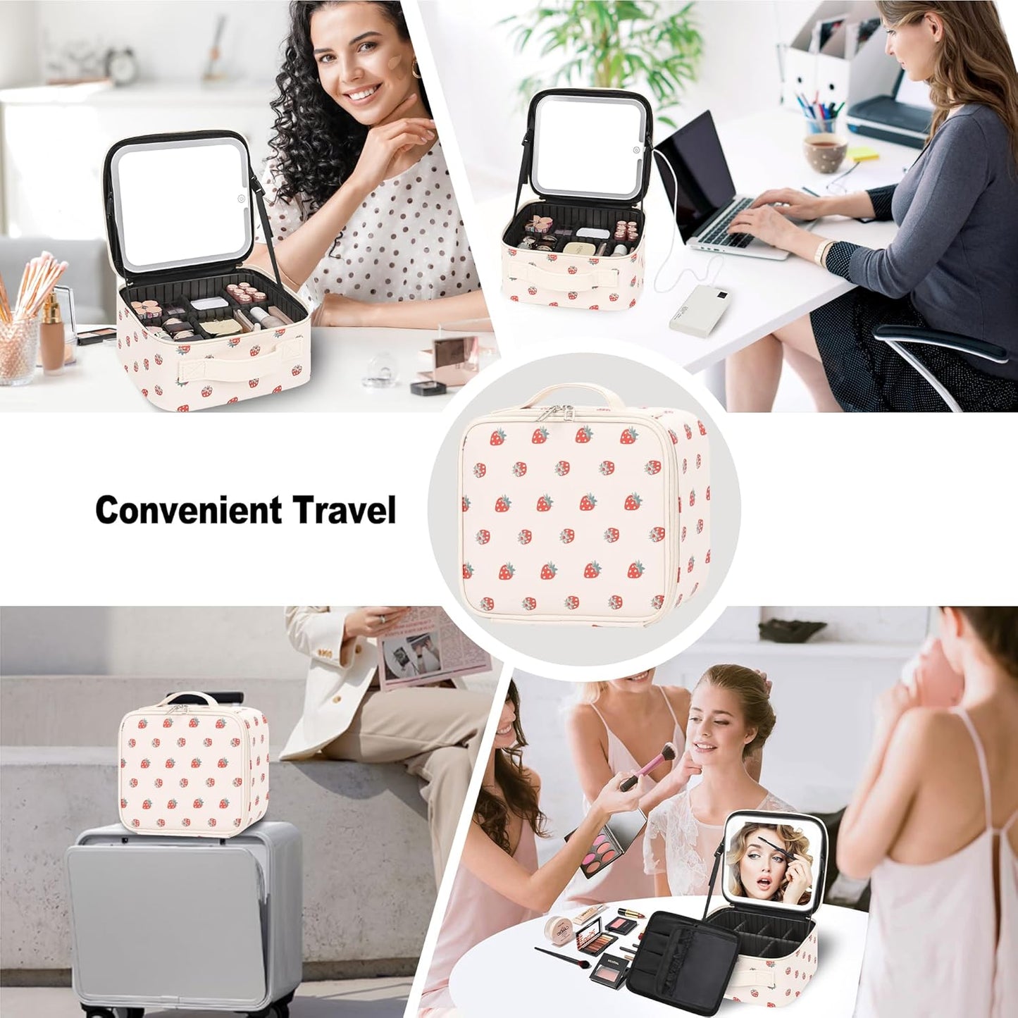 Makeup Bag With LED Mirror, Travel Makeup Case with Light up Mirror Fashion Cute Cosmetic Bag with 3 Color Lighted Portable Organizer Case with Adjustable Dividers （Strawberry/Beige,Small）
