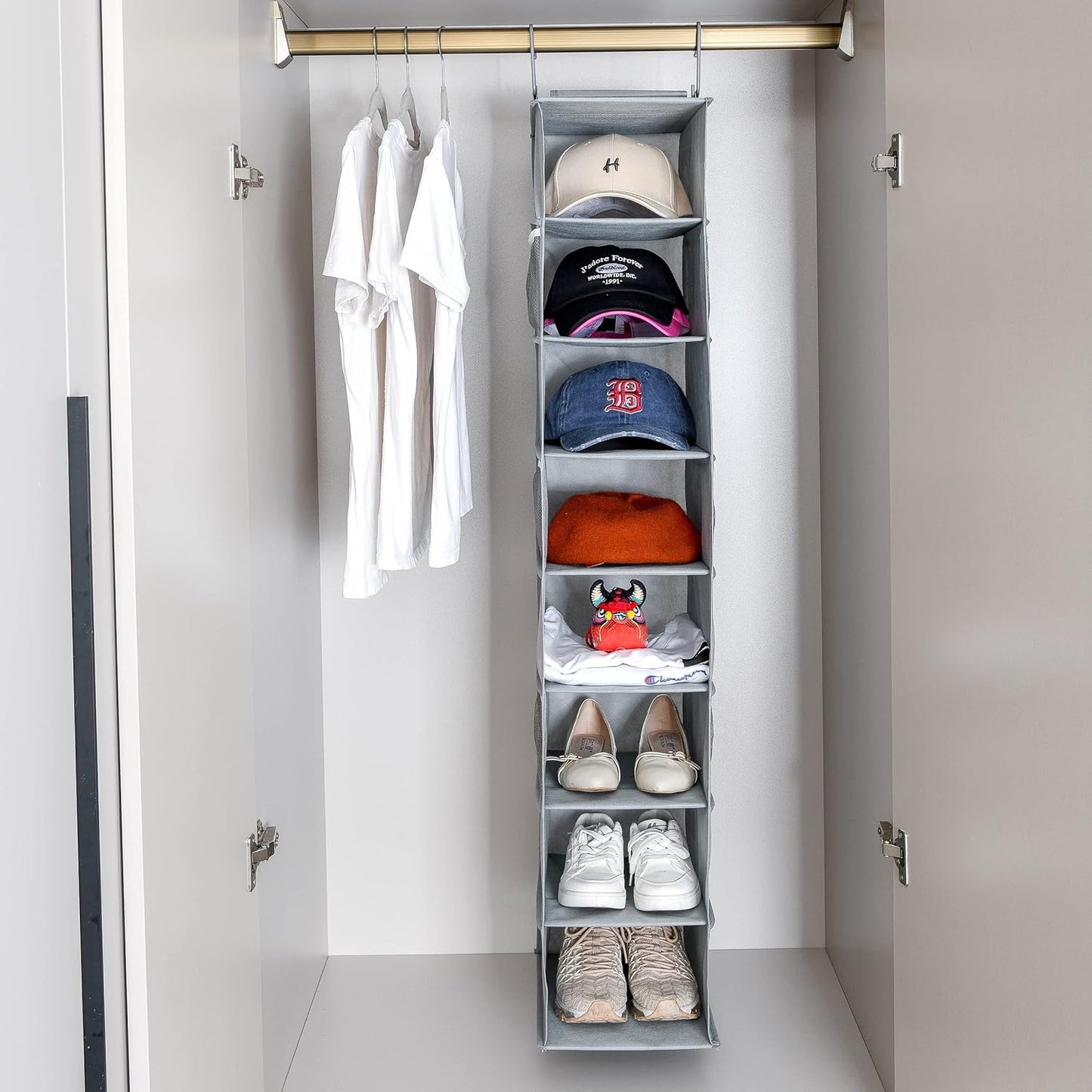 Hanging Shoe Organizer for Closet with Side Mesh Pockets，Hat Racks for Baseball Caps，Shoe and Hat Holder & Storage，8-Shelf，Gray，2 Pack