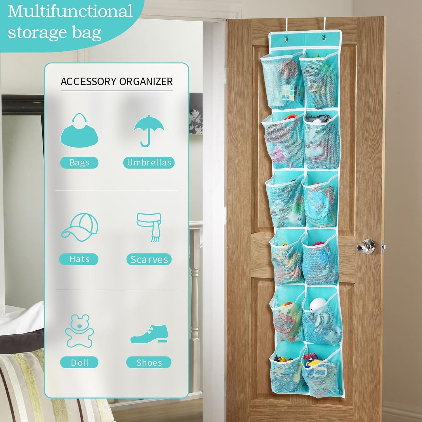 Over the Door Hanging Shoe Organizer, 12 Pockets, Turquoise