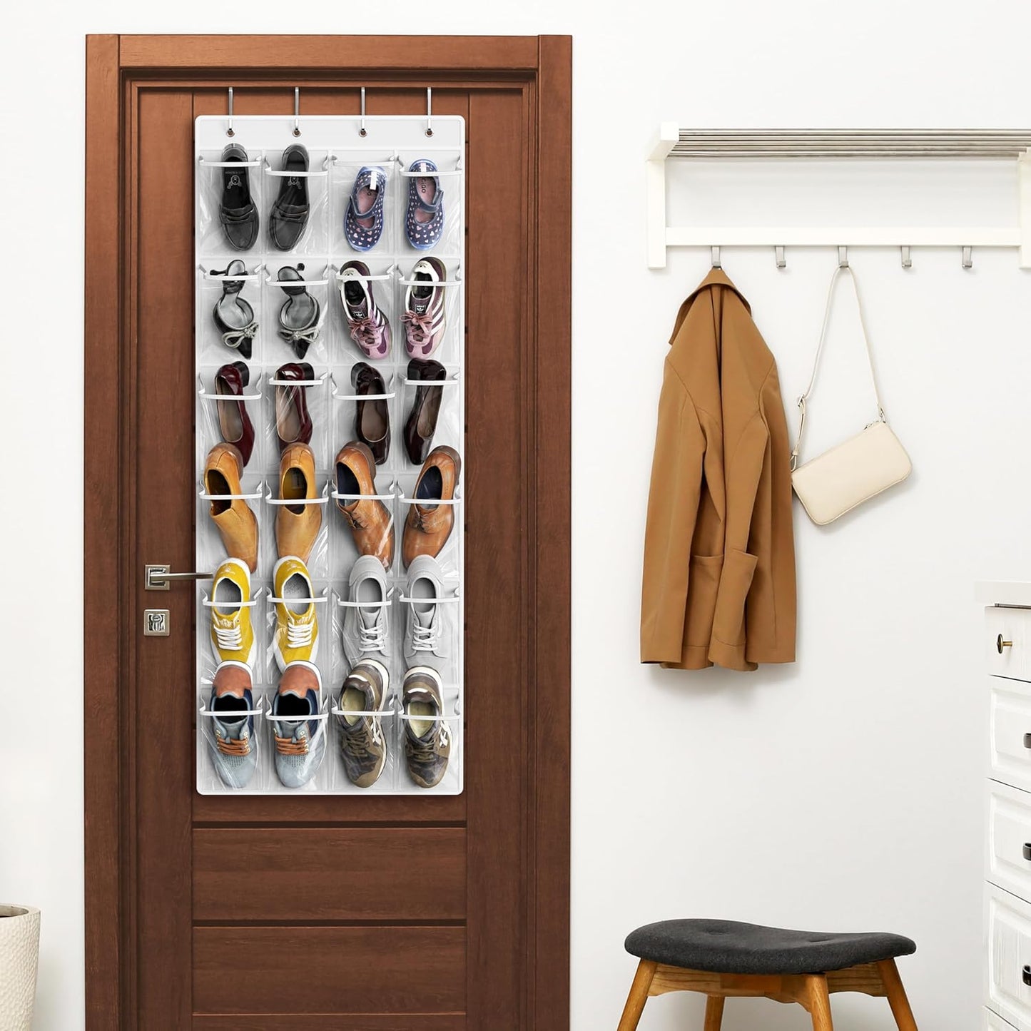 Simple Houseware 24 Pockets Large Clear Pockets Over The Door Hanging Shoe Organizer, White (56" x 22.5")