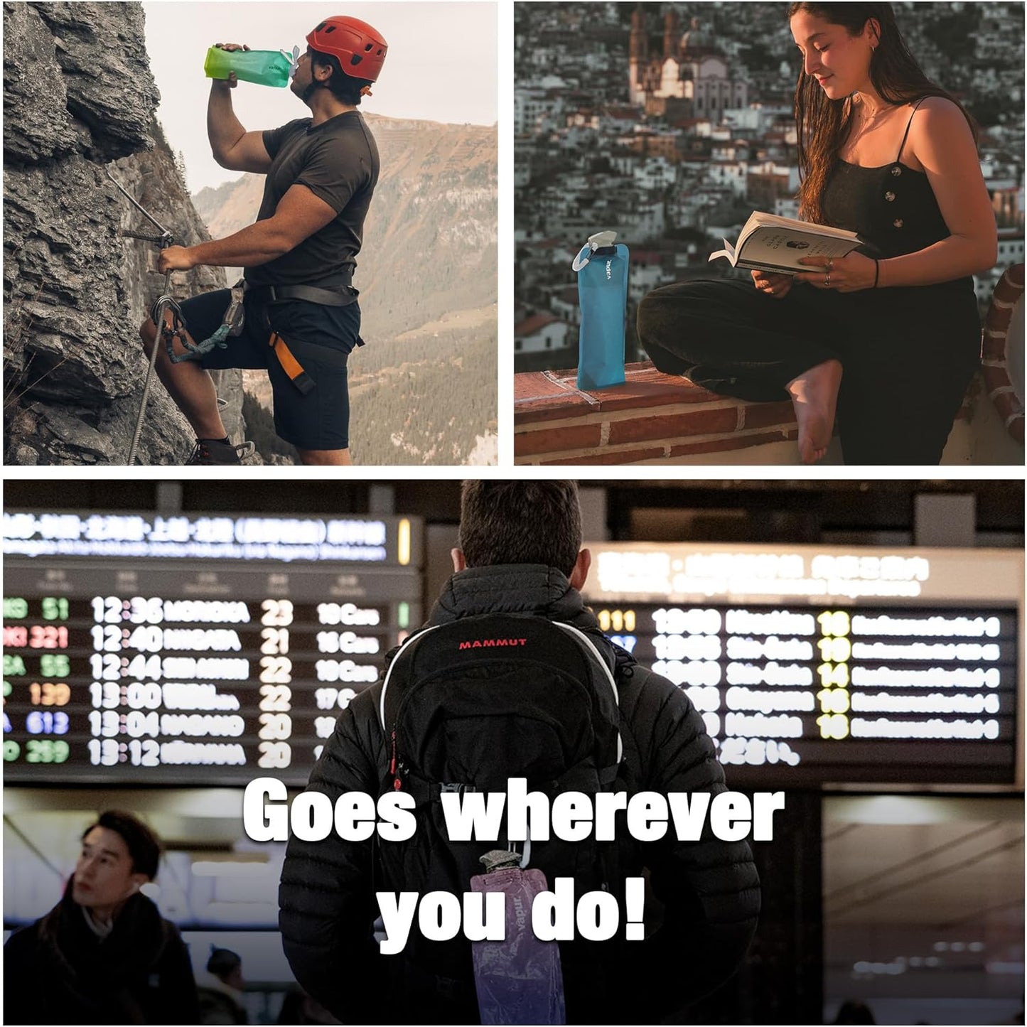 Vapur Collapsible Water Bottle With Carabiner, Compact Bottle Folds Flat For Hydration On The Go, Ideal for Traveling, Hiking or Camping, 16 Ounce, Malibu, Pack of 1