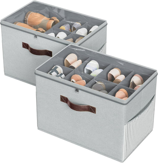 Budding Joy 2 Pack Shoe Organizer for Closet, Clear Foldable Shoe Storage Containers Adjustable Dividers Fits 16 Pairs,Shoe Storage Bins Baskets Boxes with Reinforced Handles Light grey