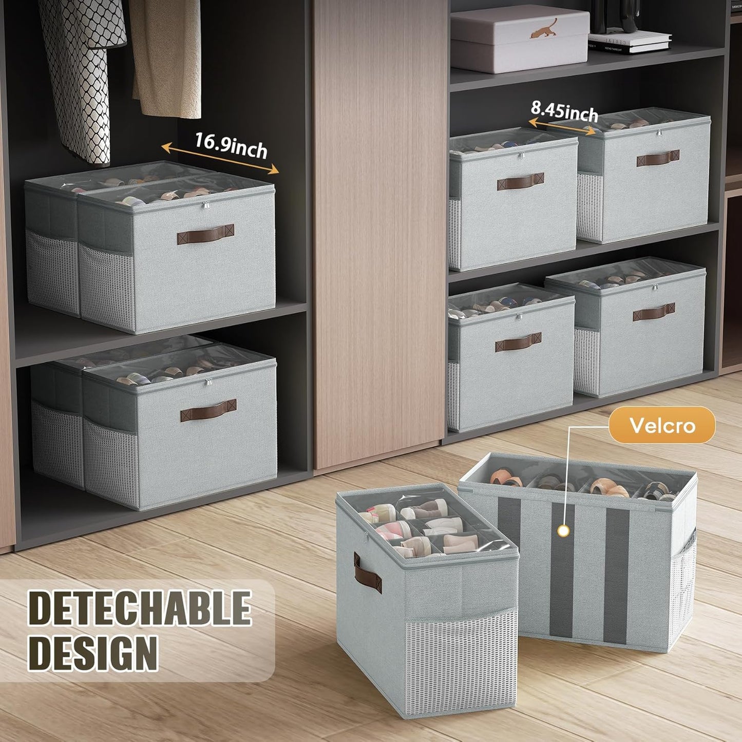 Budding Joy 2 Pack Shoe Organizer for Closet, Clear Foldable Shoe Storage Containers Adjustable Dividers Fits 16 Pairs,Shoe Storage Bins Baskets Boxes with Reinforced Handles Light grey