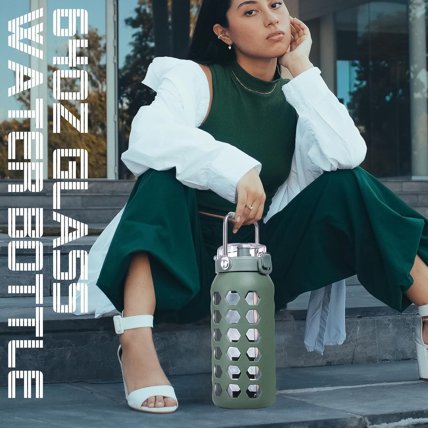 MUKOKO 64oz Glass Water Bottles with Straw and Lid,Half Gallon Water Bottle with Time Marker,Large Glass Water Jug with Silicone Sleeve and Stainless Steel Handle-Olive