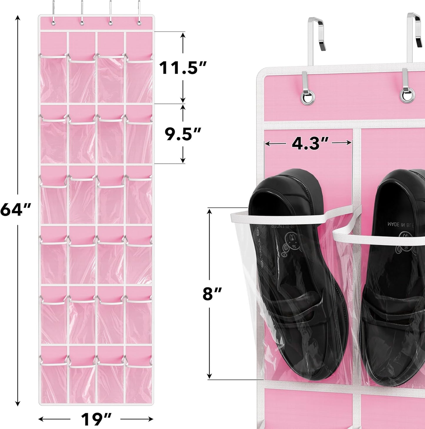 Simple Houseware 24 Pockets - Crystal Clear Over The Door Hanging Shoe Organizer, Pink (64'' x 19'')