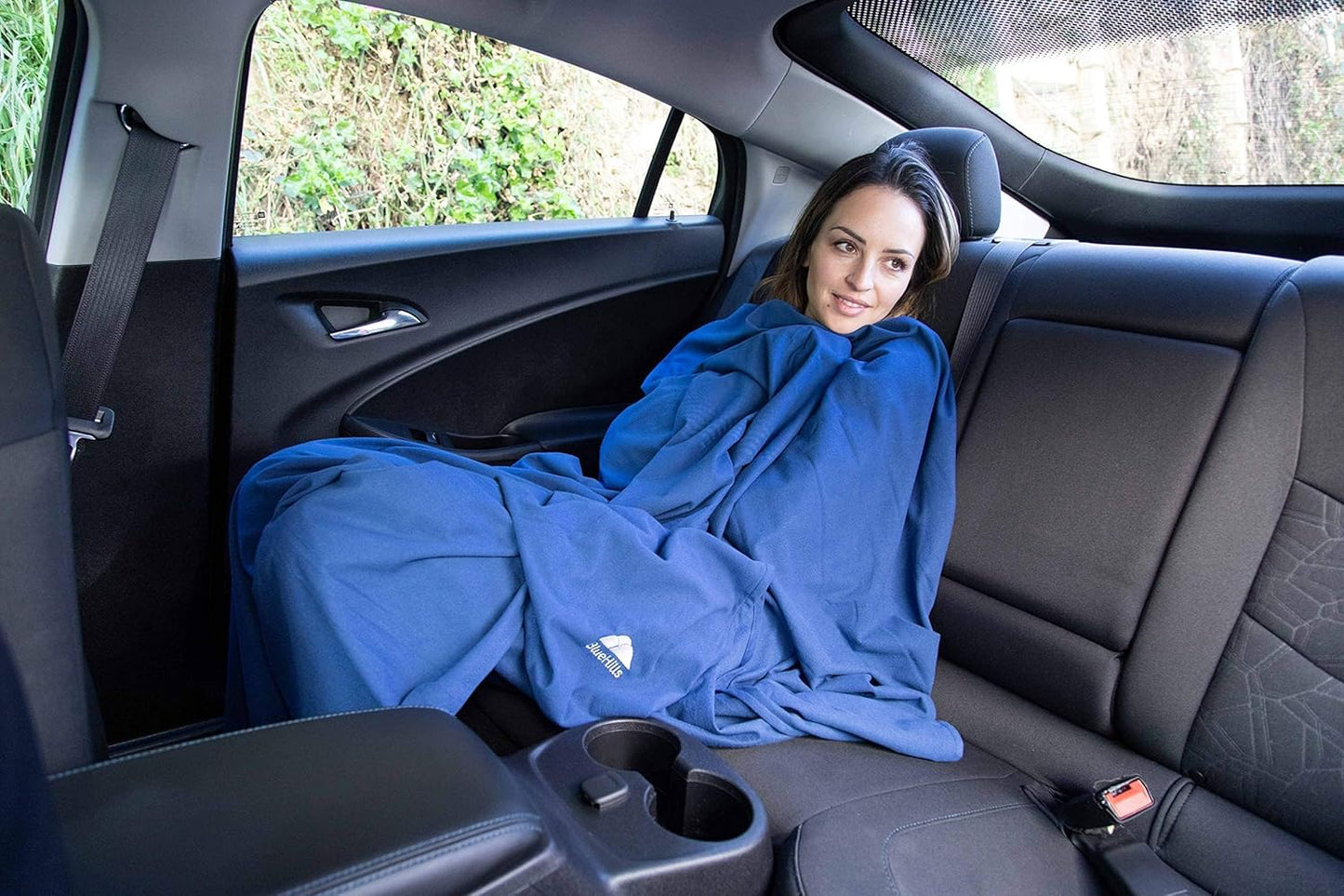 BlueHills Travel Blanket Pillow Compact Lightweight Pocket Size Airplane Traveling Essential Flight Trip Throw in Bag Portable Case Plane Accessory Navy Blue L04