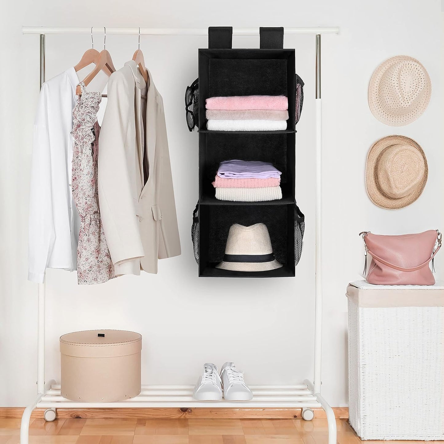 MAX Houser 3-Shelf Hanging Closet Organizer, Hanging Sweater Organizer, Foldable Hanging Shelves for Closet with 2 Velcro, Black