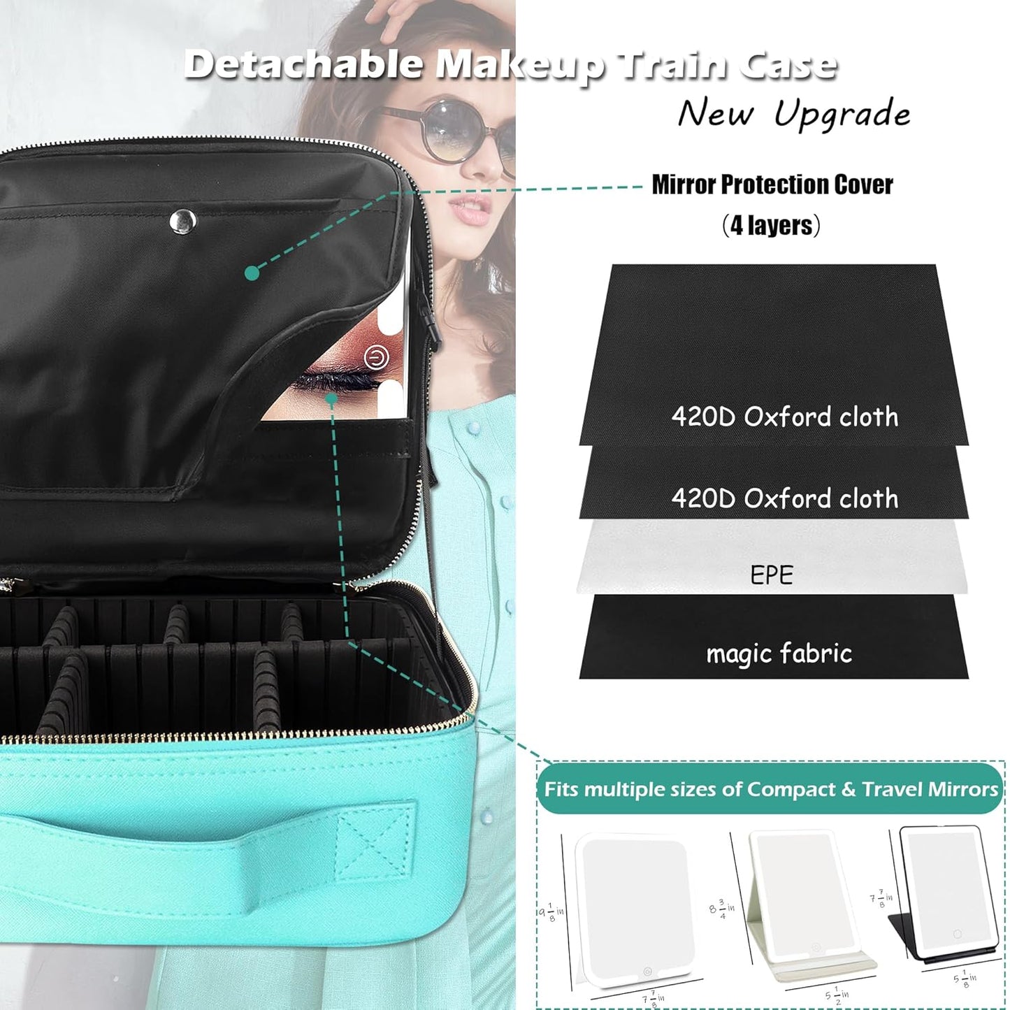 MOMIRA Travel Makeup Bag Cosmetic Bag Makeup Organizer Bag with Lighted Mirror, Adjustable Brightness in 3 Color Scenarios, Waterproof Makeup Train Case, Gift for Women - Aqua Blue