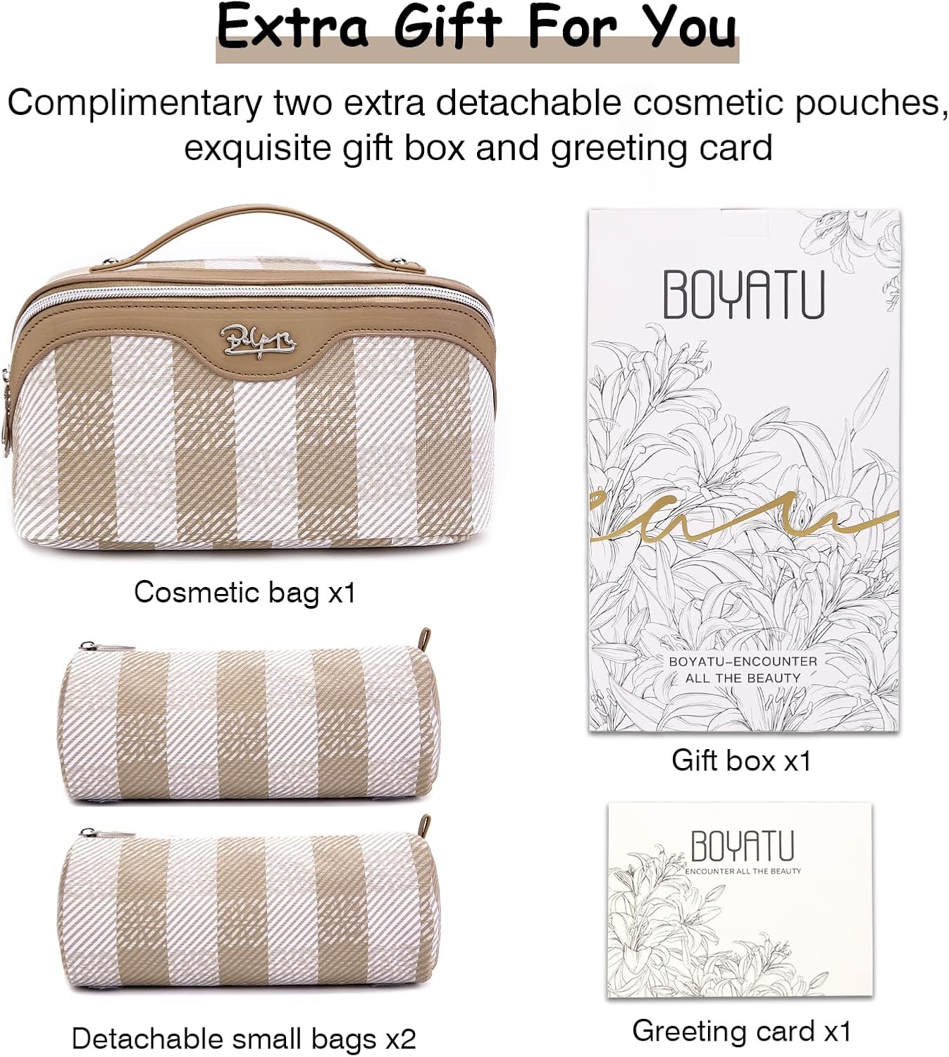 BOYATU Makeup Bag Travel Cosmetic Bag: 3 Pcs Set Portable Make up Bags for Women with Handle - Waterproof Vegan Leather Toiletry Organizer Bags with Comparments (F-04-Brown)