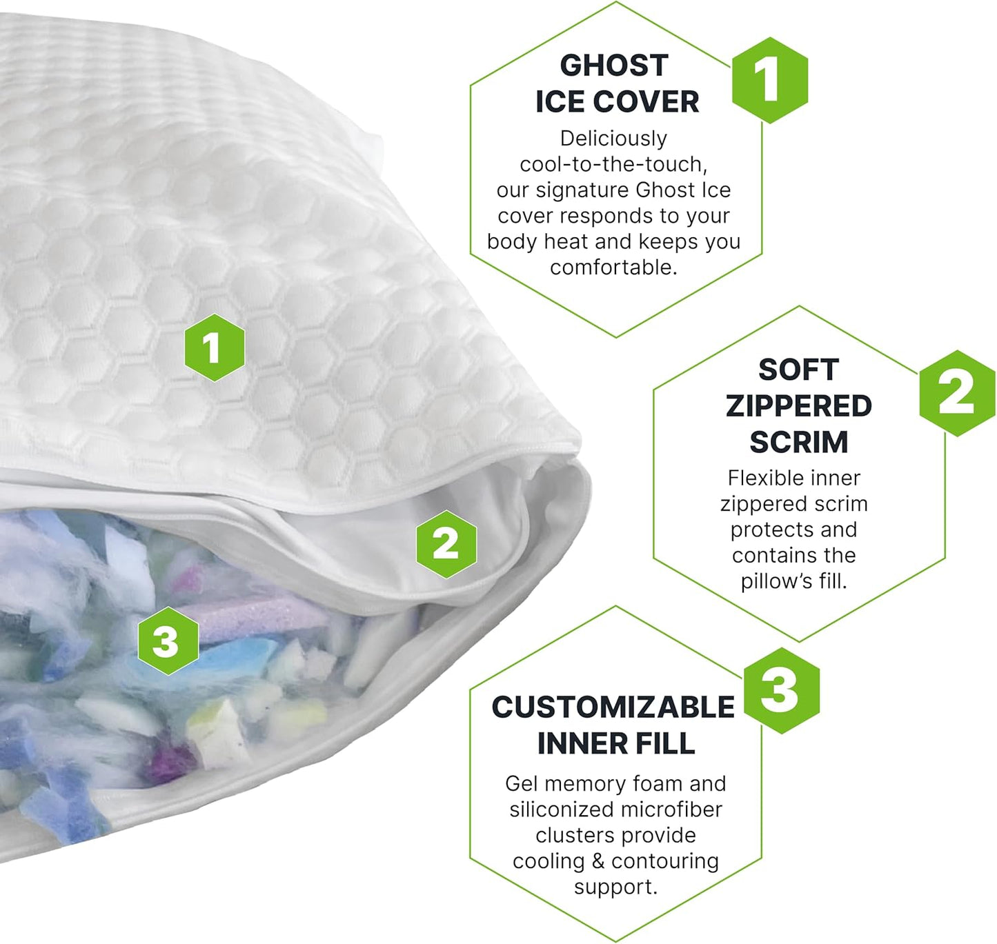 GhostBed Shredded Memory Foam Pillow with Adjustable Gel Memory Foam and Cooling Breathable Cover - Queen Size Shredded Memory Foam Pillows CertiPUR-US Certified 2-Pack