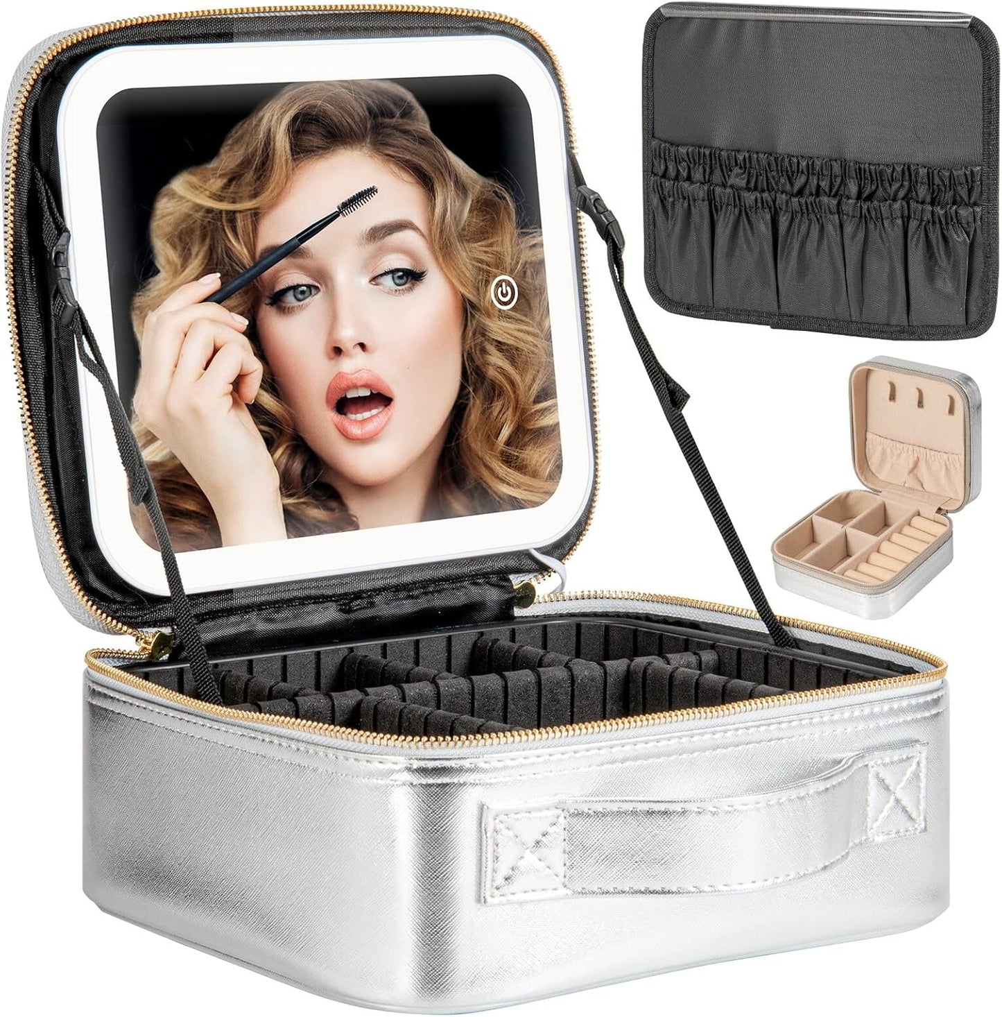 Makeup Travel Train Case with Mirror LED Light 3 Adjustable Brightness Large Cosmetic Bag Portable Storage Adjustable Partition Waterproof Make up Brushes Makeup Jewelry Gift for Women