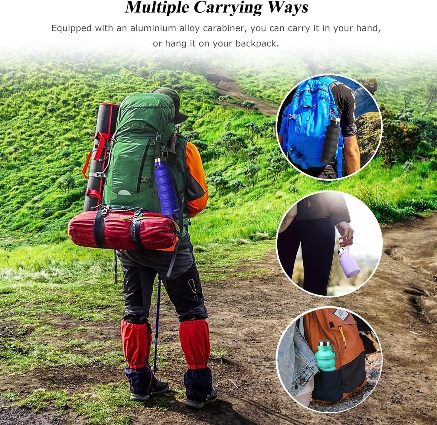 Nefeeko Collapsible Water Bottle, Reuseable BPA Free Silicone Foldable Water Bottles for Travel Gym Camping Hiking, Portable Leak Proof Sports Water Bottle with Carabiner