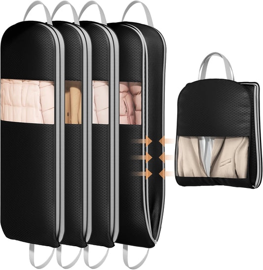 DIMJ 4 Pack 54" Garment Bags for Hanging Clothes - Space Saving Compression Suit Bag Travel with Handles Window, Washable Carry Clothing Storage Cover for Dress, Coats, Down Jacket, Shirts