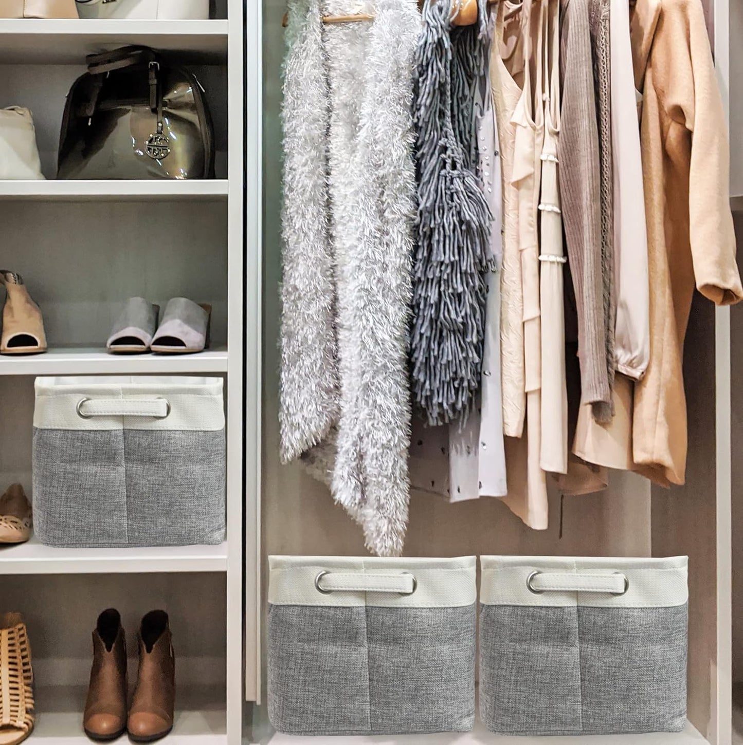 Simple Houseware 14.4" x 10" Fabric Storage Bin with Handles, 3-Pack, Foldable Organizer for Closet and Shelf, Gray