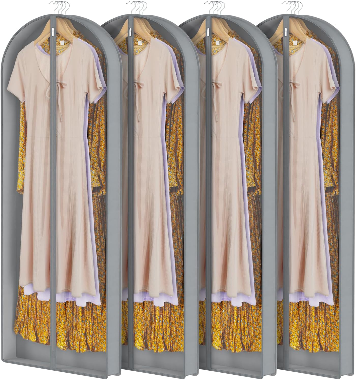 Zilink Luxury Breathable Fur Coat Storage Bags 60" Dress Bags for Gowns Long Mink Coat Garment Bag with 4" Gussted Wrinkle Free for Leather Jacket Fur Coats Puffy Dress Storage, Set of 4