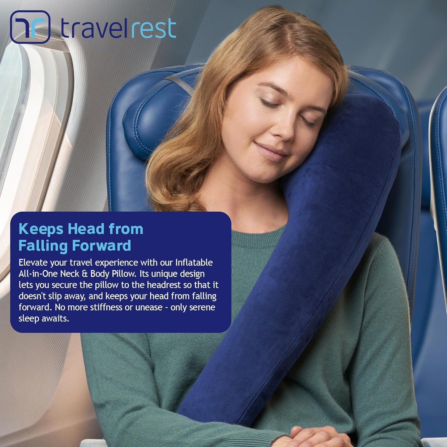 TRAVELREST All-in-One Neck & Body Pillow, Advanced Support Design, Travel Essential, Memory Foam Inserts, Inflatable, Airplane & Car Seat, Sleeping on Long Flight & Trips, Blue (Washable Velour Cover)