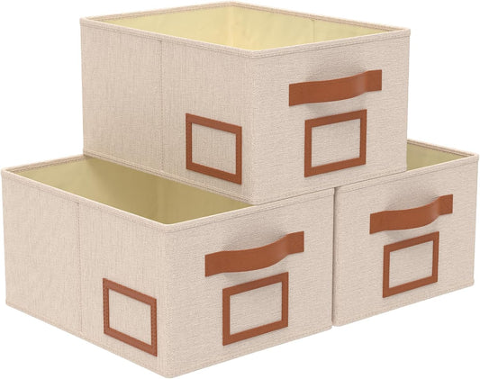 OUTBROS Foldable Storage Box for Shelves, 15 x 10.2 x 7.9 inch Fabric Baskets, Wardrobe Organiser with Handles, Suitable for Storing Clothes, Books, Cosmetics (Beige, 3-Pack)