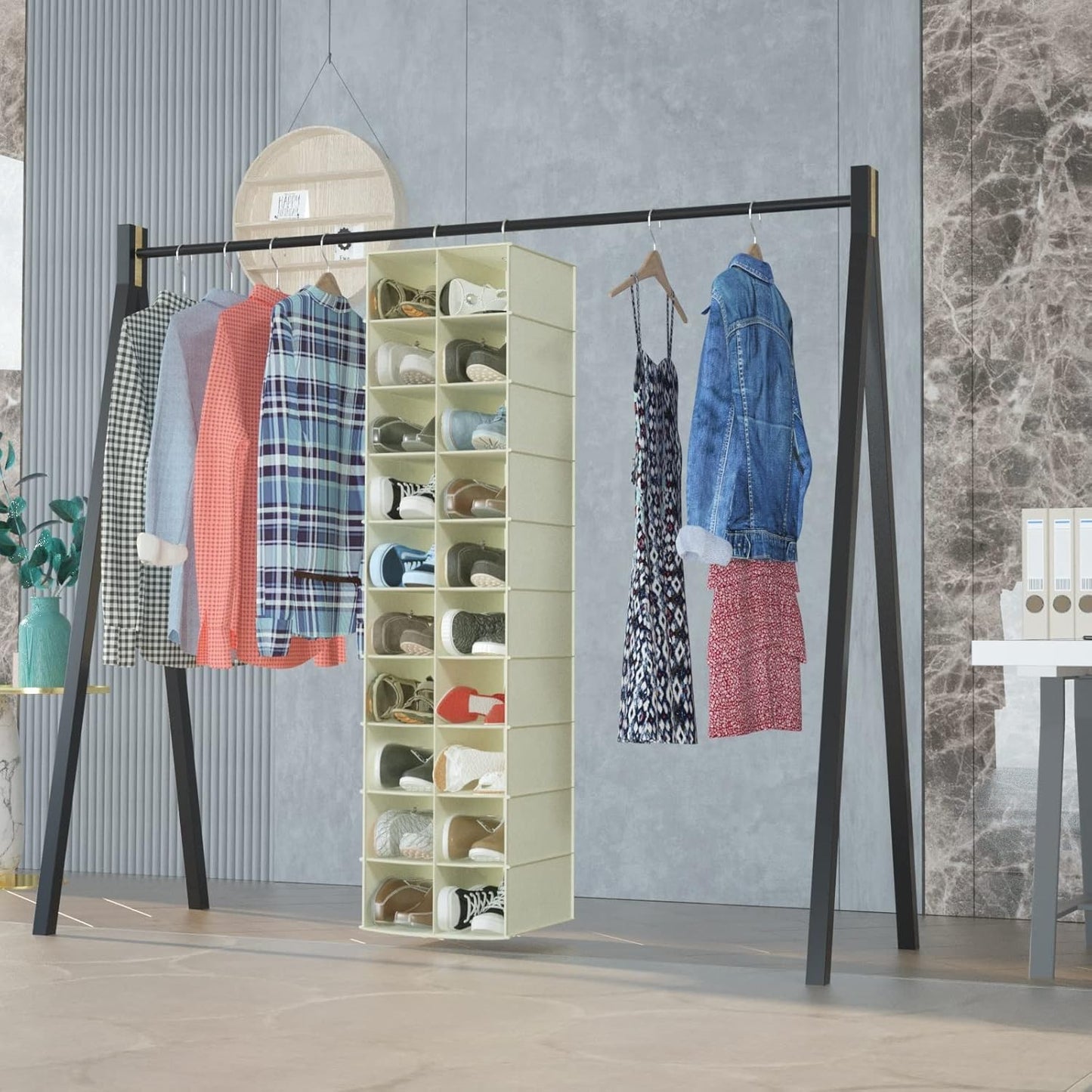 coastal rose Hanging Shoe Organizer for Closet, 20 Sections Hanging Closet Organizers and Storage Shelves, Space Saving Shoe Storage Rack Holder, Beige, 12''W×12''Dx 50''H