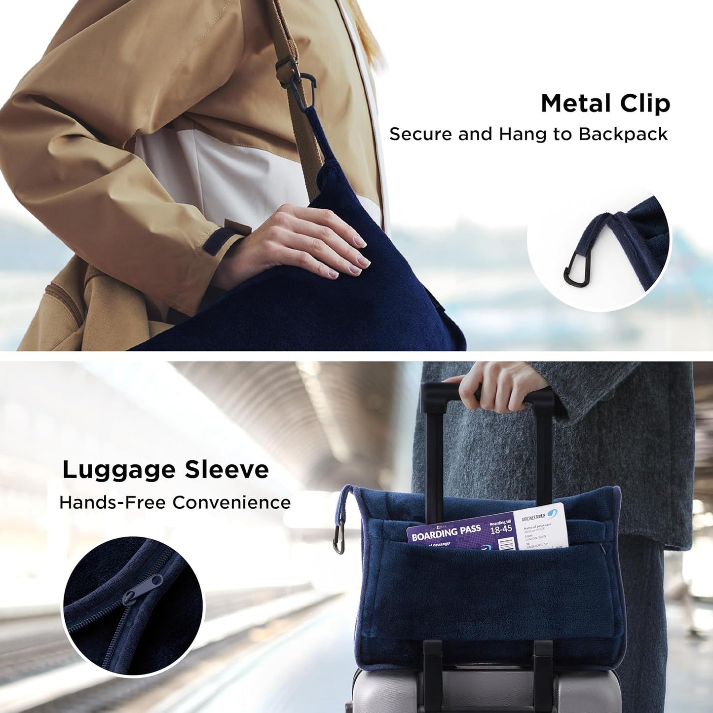 Bedsure Travel Blanket Airplane Compact with Storage Bag, Packable Blanket with Eye Mask, Lightweight 2-in-1 Travel Essentials, Functioned as Pillow for Airplane Comfort and Warmth, Navy