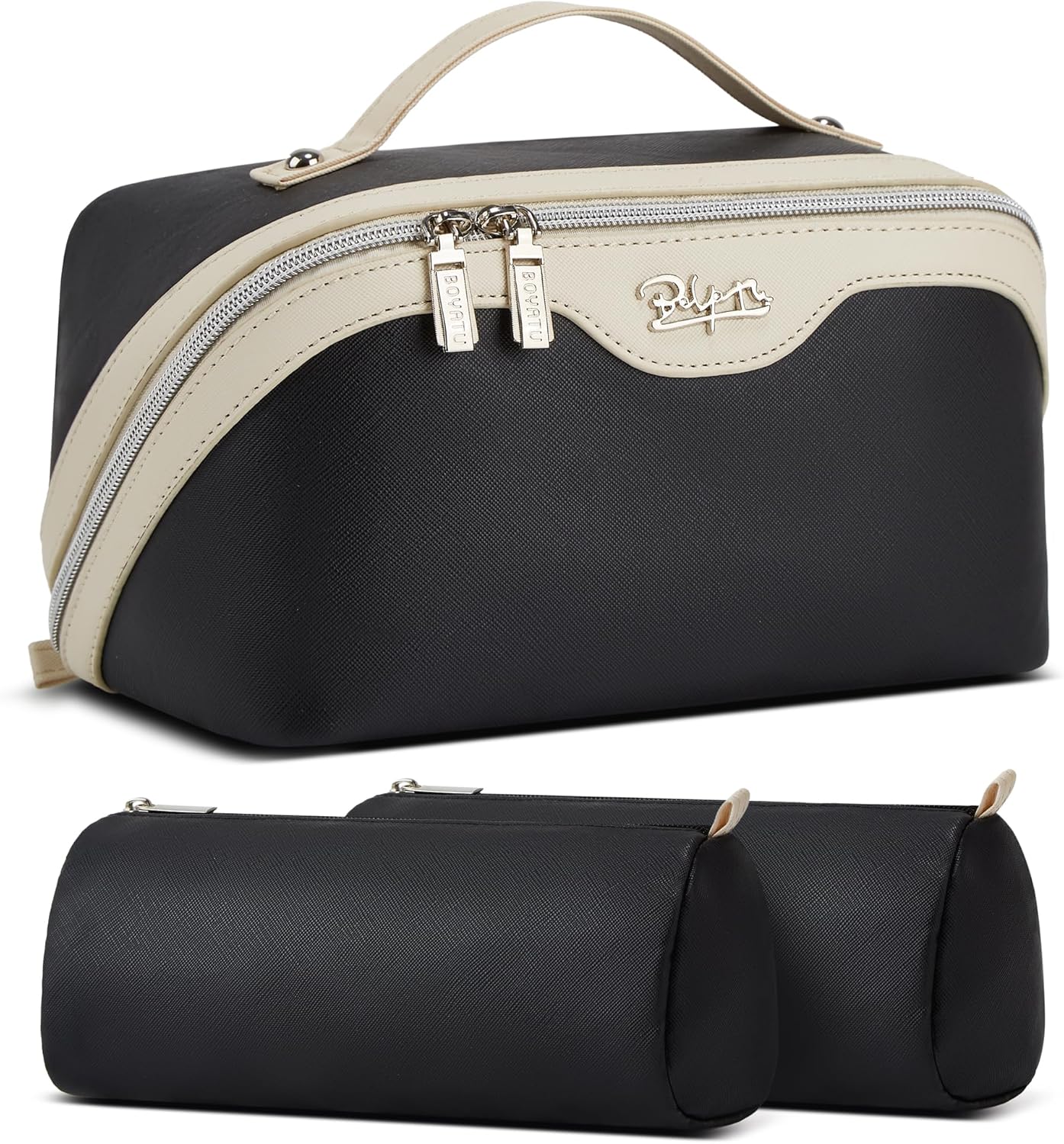 BOYATU Travel Makeup Bag Organizer Cosmetic Bag: 3 Pcs Set Make up Bags for Women with Handle - Waterproof Vegan Leather Toiletry Bags with Comparments (D-03-Black)